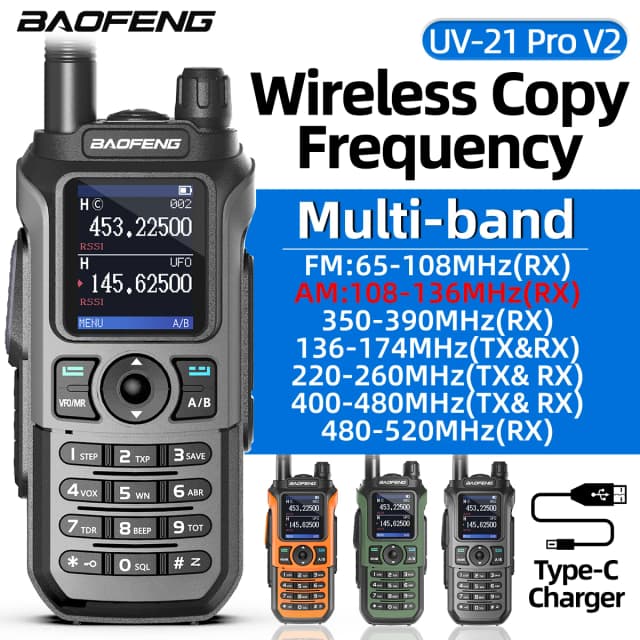 Baofeng UV-21 Pro V2 Walkie Talkie Multi-banda Frequência de cópia sem fio à prova d'água de longo alcance Tipo-C Rádio em dois sentidos para camping