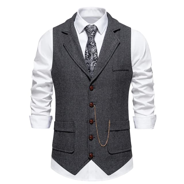 Colete de corrente de lapela retro masculino moda espinha de peixe grosso tweed bolsos terno colete britânico casual vintage cavalheiro lazer festa