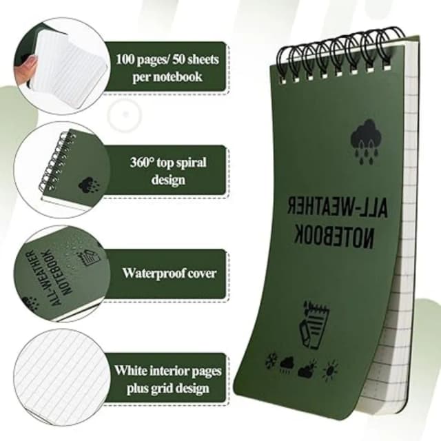Caderno de bolso à prova d'água, blocos de notas táticos, páginas com linhas, caderno espiral, mini bloco de notas para uso ao ar livre, casa, escritório, faculdade, escola