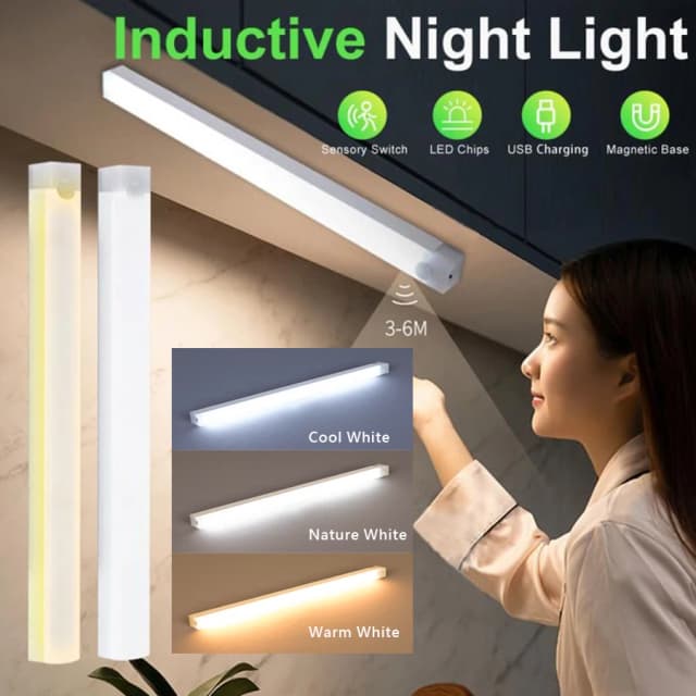 Luz LED de Barra com Sensor de Movimento Recarregável USB Tipo C, Luz Noturna Indutiva Portátil para Cozinha, Canto da Cama, Guarda-Roupa, Corredor