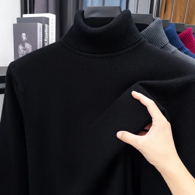 Outono masculino de alta qualidade malha gola alta camisola fino ajuste manga longa anti-pilling pulôver cor sólida tendência masculina streetwea