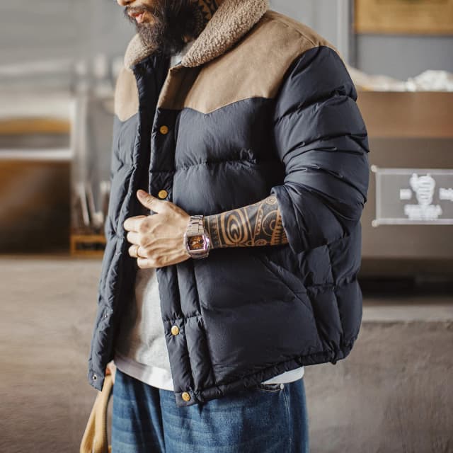 Maden masculino vintage 90% pato branco para baixo jaqueta contraste gola de lã puffer painéis de camurça casaco quente para outono inverno streetwear