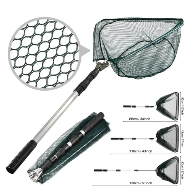 Rede de pouso de pesca, liga de alumínio, durável, telescópica, estender até 190cm/130cm/55cm, malha dobrável, captura segura de peixes, liberação