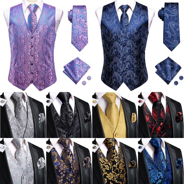 Casamento roxo seda masculino colete paisley fino ajuste gravata lenço abotoaduras define masculino sem mangas com decote em v colete festa hi-tie