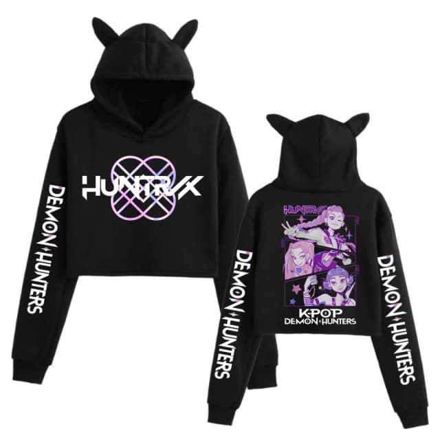 Kpop Demon Hunters Crop Tops Orelhas de Gato Moletom Manga Longa Meninas Moda Moletom Com Capuz