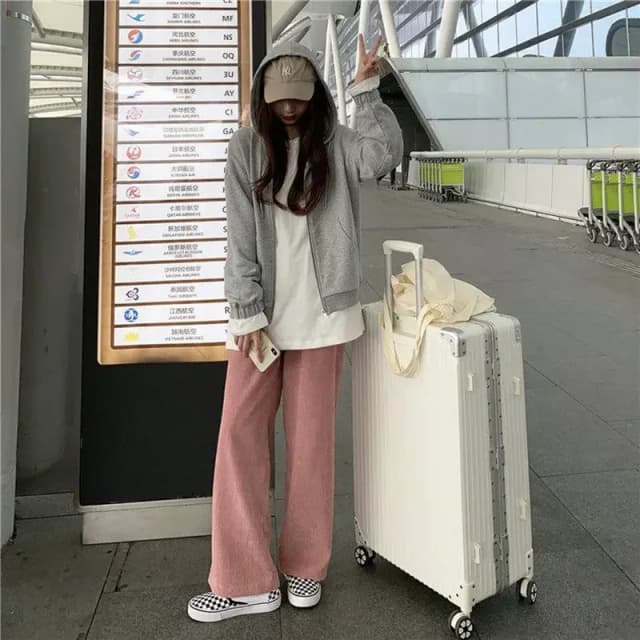 Primavera e outono rosa calças de veludo feminino casual perna larga sweatpants feminino cintura alta em linha reta solta super quente dropshipping