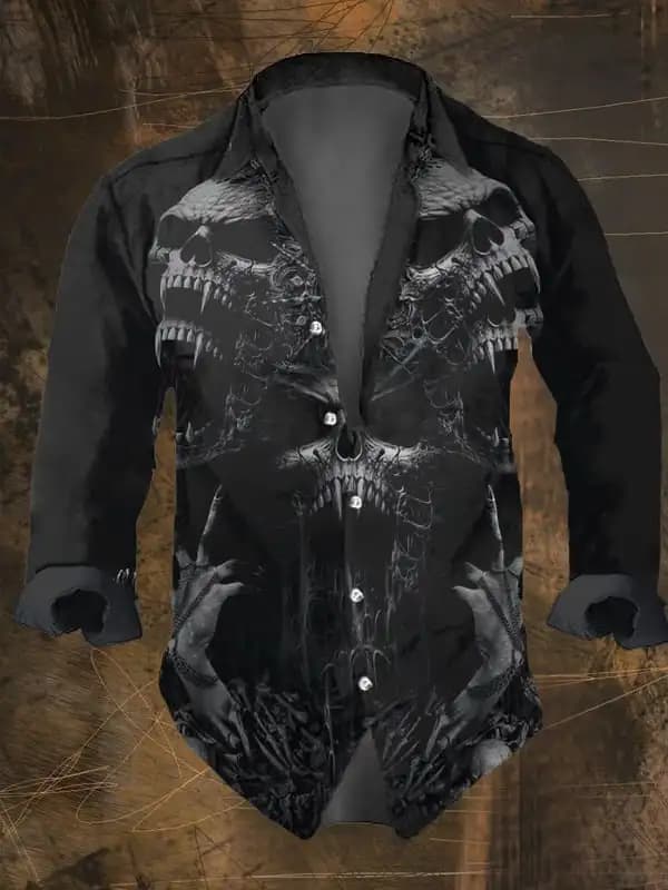 Moda masculina vintage crânio escuro estampas camisas de manga longa estampas de crânio preto topos ajuste regular, gola de lapela poliéster streetwear