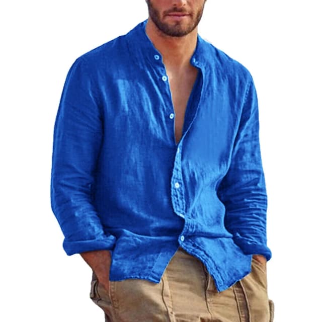 Nova camisa masculina de manga longa de cor sólida camisas de algodão de linho tendência plus size gola casual leve praia topos