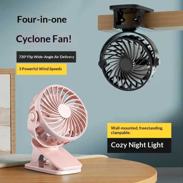 Ventilador Portátil Recarregável com Clip HOMEFISH 720 °   Ventilador Suspenso Rotativo com Luz Noturna e Resfriador de Ar para Camping ao Ar Livre