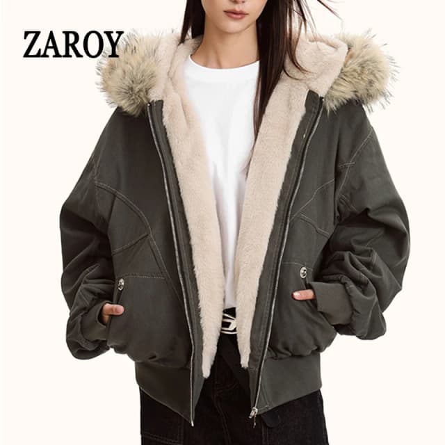 Zeroy gola de pele com capuz parkas y2k harajuku engrossar jaquetas acolchoadas casual zíper gótico feminino & masculino casacos de inverno streetwear senр