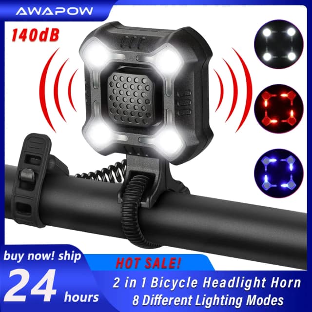 Awapow luz de bicicleta campainha eletrônica 140db buzina de alarme carga usb lâmpada de aviso de ciclismo farol de segurança equitação