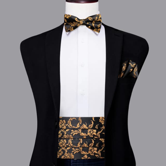 Hi-tie designer de luxo preto ouro floral cummerbund laço conjunto formal smoking espartilho cinto elástico para homens casamento cummerbunds