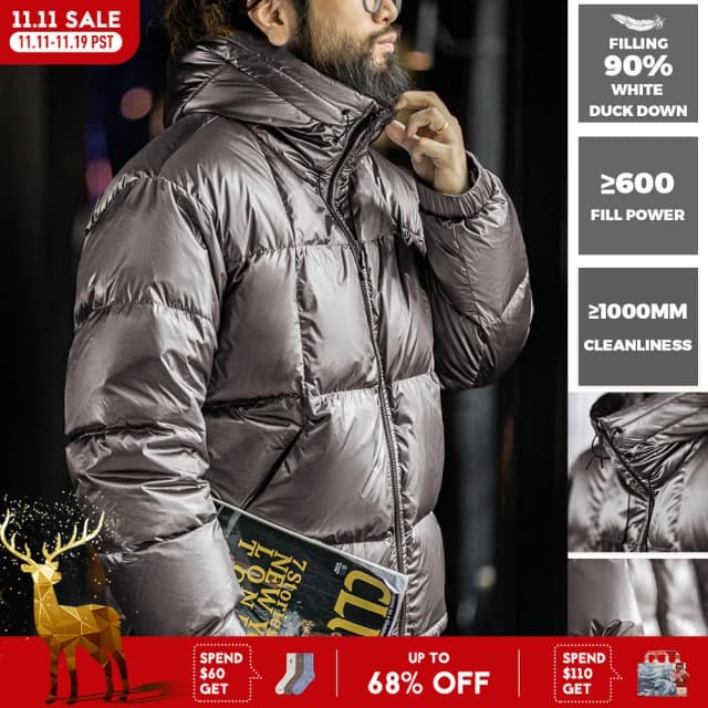 Maden casual brilhante com capuz 90% pato branco para baixo jaqueta quente gola alta puffer para inverno masculino versátil casacos de cor sólida