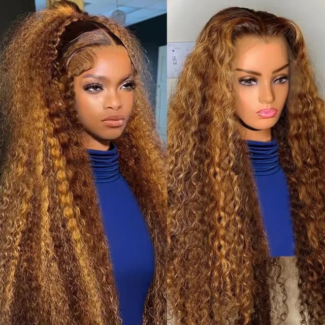 Peruca de destaque encaracolado para mulheres, cabelo humano brasileiro, loiro de mel, 13x4, onda profunda, peruca frontal, perucas dianteiras de renda 13x6 HD, 30 ", 36"