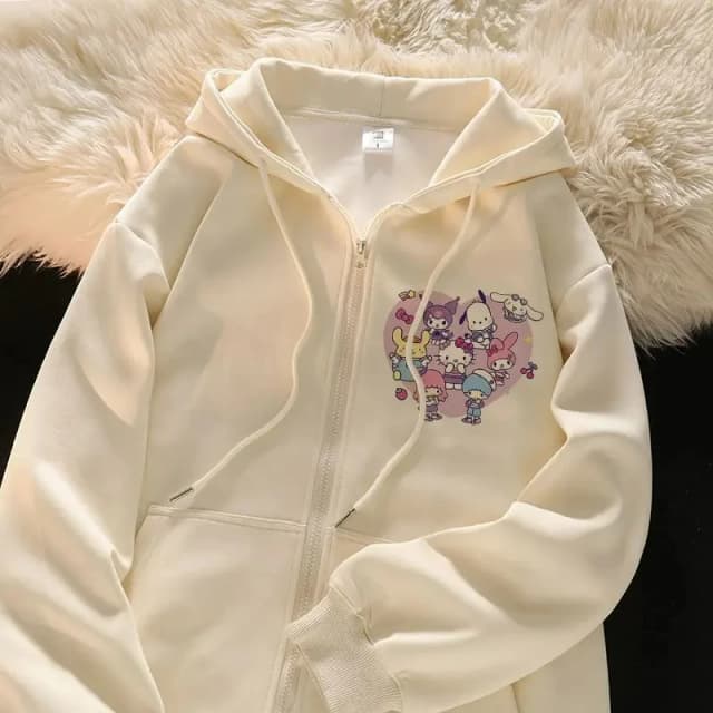 2024 nova sanrio olá kitty jaqueta 2000s zip hoodie branco moletom jovens mulheres outono inverno kawaii lolita jaqueta estudante topos