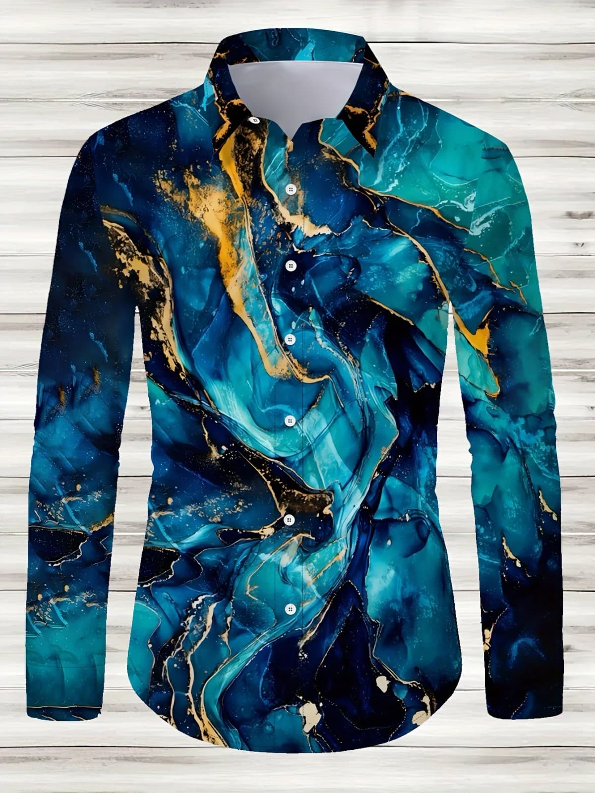 Camisa masculina casual com estampa geométrica e botão – mistura de poliéster, gola de lapela, camisa de manga comprida de tecido não elástico