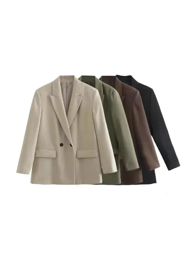 Moda feminina duplo breasted solto encaixe blazer casaco vintage manga longa bolsos feminino outerwear chique veste femme