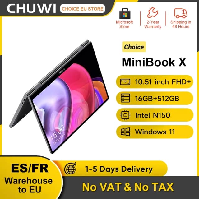 Laptop CHUWI MiniBook X N150 de 10,51 polegadas 16GB RAM 512GB SSD 2 em 1 Modo Yoga Intel Windows 11 Notebook 360 °   WiFi 6 dobrável