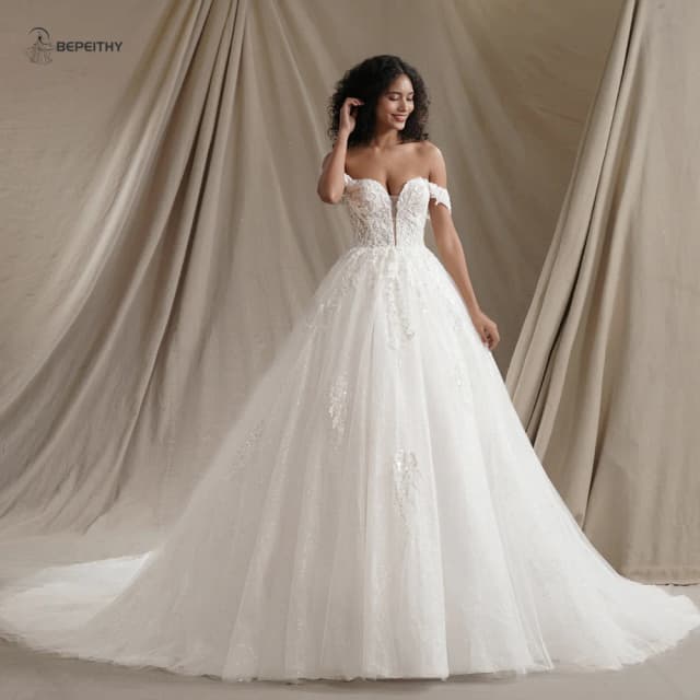 Bepeithy personalizado querida glitter princesa vestidos de casamento para as mulheres 2024 fora do ombro marfim noiva sem mangas vestido de noiva