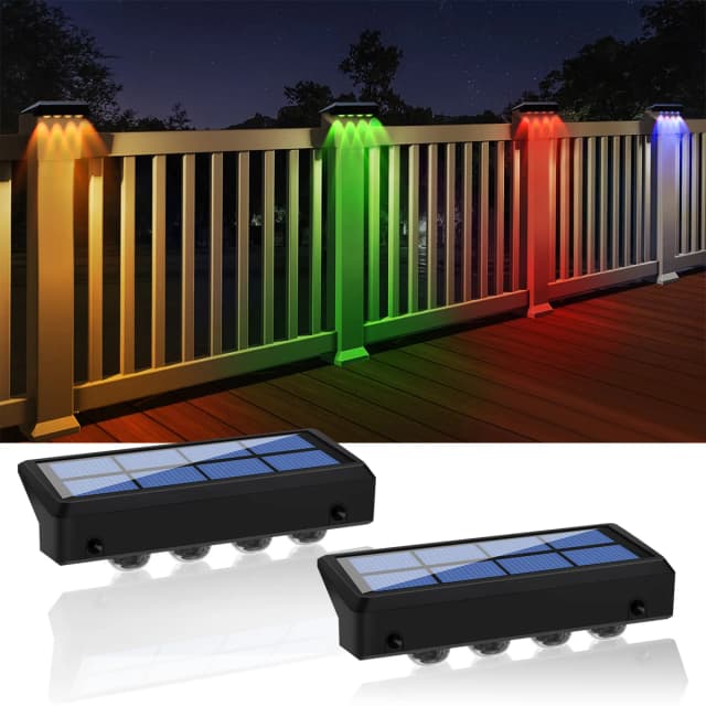 2 pçs luzes de cerca solar rgb mudança de cor/branco quente led solar passo luzes ao ar livre luzes de parede ip65 à prova dip65 água decoração lâmpada