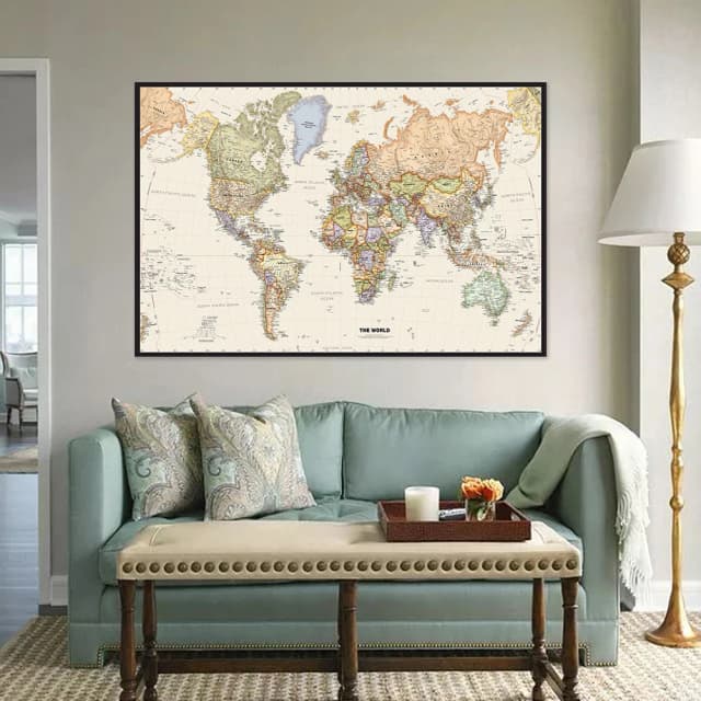 Pôster vintage pendurado mapa mundi em inglês, pintura em tela não tecida, escritório, casa, decoração de parede, material escolar, 150x100cm
