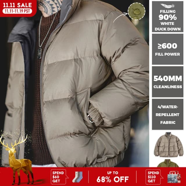 Maden Jaqueta masculina de inverno reversível 90 penas de pato branco Gola alta versátil casaco quente Camisa masculina lisa para uso externo Elegante e quente jaqueta reversível