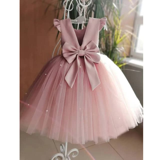 Elegante curto rosa criança vestidos da menina de flor aniversário tule sem mangas arco pérolas princesa vestido festa casamento para crianças bebê