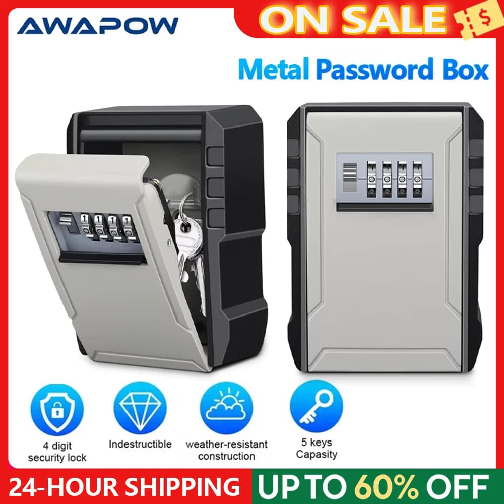 Awapow caixa de chave de metal com senha, montada na parede, 4 dígitos, caixa de armazenamento de senha, durável, à prova d'água, antirroubo, organizador seguro