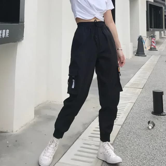 Quente grandes bolsos calças de carga das mulheres cintura alta solta streetwear baggy tático moda hip hop joggers calças femininas