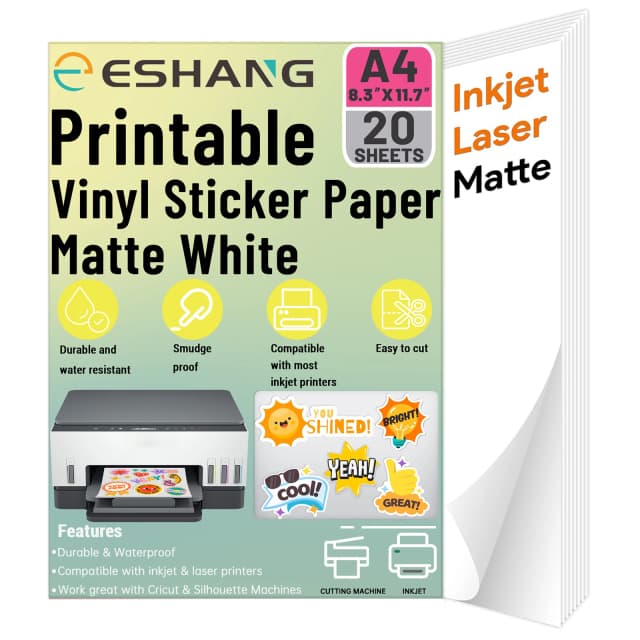 20 folhas de papel adesivo de vinil imprimível tamanho a4, branco fosco, à prova d'água, 8.3 "x 11.7" para jato de tinta e impressora a laser