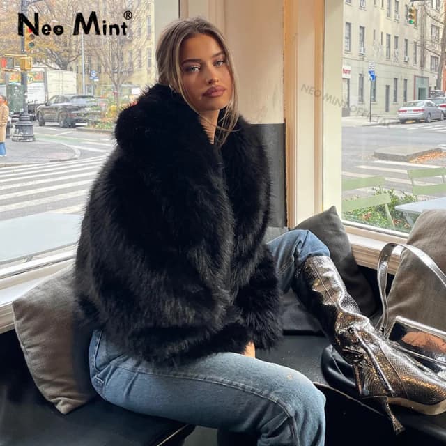 Neo mint rua moda xale colarinho falso casaco de pele de raposa feminino 2024 inverno legal meninas preto curto jaqueta de pele vintage chique casaco